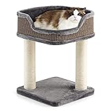 COSTWAY Kratzbaum Klein, Katzenbaum mit großem Plüschsitz, Katzenkratzbaum Holz, Katzen Katzenmöbel Kletterbaum, Aktivitätsbaum Spielbaum, Natursisalturm mit Kratzpfosten (Grau)
