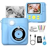 Gofunly Kinderkamera Sofortbildkamera, Sofortbildkamera Kinder 2,4 Zoll Bildschirm 1080P Videokamera Kamera Kinder Sofortdruck mit 32GB Karte & 3 Rollen Druckpapier Geschenk für Kinder 3-12 Jahren
