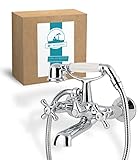 Calmwaters® Retro Badewannenarmatur Messing, Mischbatterie Badewanne, Notalgie Wannenarmatur mit Kreuzgriffen und Handbrause, Vintage Armatur Wasserhahn, Zweigriffmischer, Bad Aufputzarmatur, Chrom