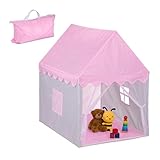 Relaxdays Spielzelt Haus-Design, HBT 130x95x125 cm, Kinderzelt, großer Eingang, Spielhaus Indoor, Krabbelzelt, rosa/grau