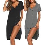 Ekouaer 2er Nachthemd Damen Kurzarm Knöpfen Schlafshirt Kurz Sleepshirt Knopfleiste Nachtwäsche, Schwarz + Grau M