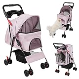 4-Rad-Hundewagen, leichter faltbarer Hundebuggy bis 20kg/10kg mit atmungsaktivem Mesh, 360°-Rädern & großem Stauraum, Hundewagen bis 15 kg für kleine und mittelgroße Hunde und Katzen (Rosa)