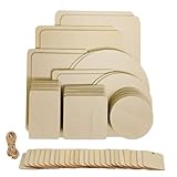 67 Stück Unbehandelte Holzplatten zum Basteln, Runde Holzscheiben und eckige Holzscheiben zum Brandmalen, Bemalen, Schreiben, Aufhängen von Dekorationen, 10 Größen Balsaholz Set mit Hanfseil