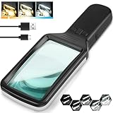 Lupe mit Licht aus Optisches Glas, 15-fache Leselupe mit Licht für Senioren groß, Typ-C-Aufladung, 3 Farbmodi, Handlupe, dimmbare beleuchtete Lupe, Lesehilfe für Bücher, Arbeit, Sehschwäche