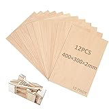SENENQU 12 Stück Lindenholz 2 mm, Sperrholz 400 x 300 mm x 2 mm, Holzplatten zum Basteln für Laserprojekte, DIY Modell, Kunst und Handwerk, Gemälde