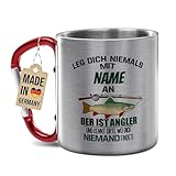 Tassendruck Edelstahl-Tasse mit Name selbst gestalten - Leg dich nicht mit einem Angler an - Geschenk für Angler, Petri Heil, Geburtstagsgeschenk - Personalisiertes Geschenk, Karabiner-Tasse, 200 ml