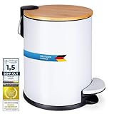 Dimono® Kosmetikeimer Bad-Mülleimer Abfalleimer 3 und 5 Liter Tret-Eimer mit Bambus-Deckel und Anti-Rutsch-Tritt für Badezimmer & Küche (5 Liter, Flach)