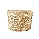 SLAHA Handgemachter strohgewebter Snack-Aufbewahrungskorb mit Deckel Aufbewahrungsbox Wäschekorb Rattan-Blumenkorb