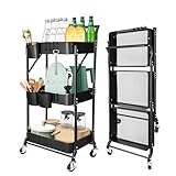 Amatic Beistellwagen 3 Etagen Küchenregal, klappbar Servierwagen mit Rollen, Metall-Stauraumwagen, Küchenwagen mit Griffen, Rollwagen Küche Trolley Kunststoff, Platzsparendes Badregal, Schwarz