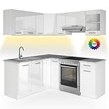 Vicco Eckküche Rick, Weiß, 167 x 60 cm, AP Marmor mit LED-Leisten