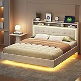 Generisch Polsterbett, mit USB-Steckdose und LED-Licht, Bett kann am Kopfende des Bettes platziert Werden, verstecktes Fußdesign, Doppelflachbett, Leinenstoff (Beige, 160 * 200cm)