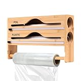 FmtwPhn Wandrollenhalter Küche Holz, 35.2x21.01x7.01cm Üchenfolien Organizer Mit Rollenhalter, Folienschneider Kompatibel, Wandmontage Alufolienspender Für Alufolie, Frischhaltefolie, Küchenrolle