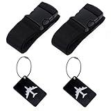 Koffergurt (2 Stück), inkl 2 Namensschildern, rutschfest Einstellbare Kofferbänder mit, Für Schnell erkennen Gepäck Reisetasche Koffer, Schwarz