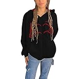 Yoisdtxc Damen Kapuzenpullover mit durchgehendem Reißverschluss, Langarm Skelett Handdruck Lose Sweatshirts mit Taschen, A-schwarz, 42