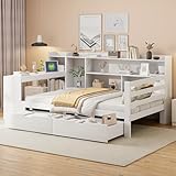 SACOOL Schlafsofa aus Massivholz, 90x200 cm, Mit Schreibtisch Bücherregal Ablagefächern und Regalen, Mit Steckdose, Mit 2 großen Ablagefächern, Multifunktionales Holzbett, Weiß