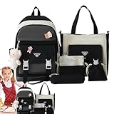 Duroecsain Rucksack - 5 Stück/Set Canvas Schulrucksack,Schultasche mit großem Fassungsvermögen und Umhängetasche, Bleistifttasche, Einkaufstasche, Umhängetasche, Studenten-Reisetasche