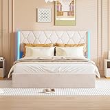 Polsterbett 160x200 cm mit Bettkasten, Doppelbett mit LED-Leuchten, Hydraulisches Stauraumbett mit Stauraum, Jugendbett Bett Bettgestell mit Metallrahmen und Lattenrost, Samt (Beige, 160*200cm)