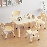Kindertisch Packung mit 4 Stühlen, Plastik Kindersitzgruppe Höhenverstellbarer, Multifunktionaler Spieltisch Stabil für Kinder, Ergonomisch Tisch Stuhl Set für Kinderzimmer, 80x60x48-60cm, Gelb