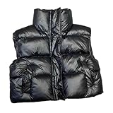 Damenweste mit Stehkragen, kurze Baumwolle, gepolstert, lässig, mit Taschen, Knöpfen, ärmellose Jacke, Farbe: Schwarz, M