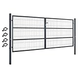V2Aox Gartentor Tor Gartenzaun Zaun 300x140 cm Doppelflügelig Gartentür aus Metall für Stabmattenzaun Abschließbar inkl. Pfosten Grau