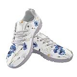 Jeiento Rutschfeste Laufschuhe für Damen und Herren, modischer Sneaker, bequem, Fitnessstudio, Sportschuhe für Teenager, Mädchen, lässig, Netzstoff, flache Schuhe, Weißes Gänseblümchen, blaues