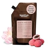 Jean & Len Hand & Body Wash Pfingstrose & Litschi, reinigt und pflegt die Haut beim Waschen, blumig-zarter Duft, Flüssigseife im Nachfüllpack, ohne Parabene, Silikone & Mikroplastik, vegan, 1,5L