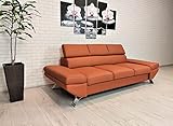 Quattro Meble Cognacbraunes Echtleder 3 Sitzer Sofa Varsovia Breite 235cm mit einstellbaren Kopfstützen Ledersofa braunes Leder mit cremefarbenen Nähten