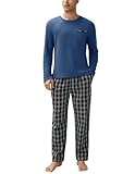 Ekouaer Pyjama Lang Herren Schlafanzug Set Baumwolle Winter Nachtwäsche Langarm Shirt mit Tasche Pyjamahose Zweiteilig Dunkelblau XL