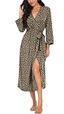 PrinStory Damen Morgenmantel V-Ausschnitt Bademantel 3/4 Ärmeln Morgenrock Gestrickt Nachtwäsche Lang Saunamantel (FP-Leopard Khaki, M)