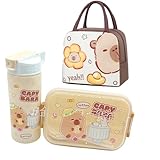 GVMJHYK Capybara Trinkflasche mit Bento-Lunchbox 3 Stuck, Capybara Lunchtasche, Cartoon Animals Cute Water Bottle, Cartoon Brotdose Kinder Für Kinder geeignet Schule Oder Kindergarten (Capybara-A)