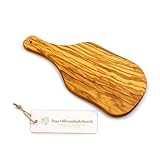 DAS OLIVENHOLZBRETT® Knoblauch Schneidebrett aus Olivenholz/Kräuterschneidebrett/Zwiebelbrett aus Holz mit Griff/kleines Servierbrett mit Loch zum Aufhängen incl. Griff 25cm
