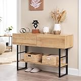 [en.casa] Konsolentisch schmal Varberg Flurtisch mit 2 Schubladen rechteckig Ablagetisch verstellbare Ablage Metallgestell 75 x 120 x 30 cm Eicheoptik