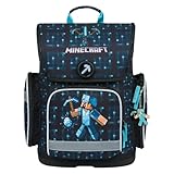 Baagl Schulranzen Jungen Mädchen für 1. Klasse, Ergo Schultasche Grundschule, Leichter Kinder Ranzen Tornister Schulrucksack mit Brustgurt (Minecraft Blue Axe)