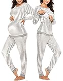 Ekouaer Damen Thermo Stillpyjama Set Langarm Umstands Pyjama Nightwear Stillschlafanzug zweiteiliges Nachtwösche für Schwangerschaft Hellgrau Streifen S