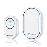 Wesstun Funkklingel, Wireless Türklingel mit 39 Lauten Melodien & 5 Lautstärkepegeln, Türklingel mit großer Reichweite, IP67 Aussen Wasserdicht Haustür Klingel, Einfache Installation zu Hause, Weiß