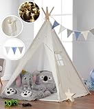 Haus Projekt Tipi Zelt für Kinder mit Lichterkette, Wimpelkette, Aufbewahrungstasche & Bodenmatte – Tipi Kinderzelt, Kinderzimmer Spielzelt 100% Baumwoll, drinnen/draußen, 160cm hoch, CE-Zertifiziert