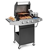 Lyromix Großer BBQ Grill Propan mit 3-Brenner und Seitenbrenner, Outdoor Gasgrill mit porzellanemaillierten Gusseisenrosten, Edelstahl Camping Grill Grillplatte für Terrasse, Party, 37000 BTU