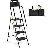 HBTower Leiter 4 Stufen, Trittleiter mit Handläufen, klappbarer Tritthocker mit ansteckbarer Werkzeugtasche & breitem Anti-Rutsch-Pedal, Leichter 150 kg tragbarer Tritthocker, schwarz