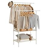 SONGMICS Kleiderständer, Garderobenständer aus Metall, mit 2 Kleiderstangen, 2 Ablagen, bis 70 kg belastbar, einfache Montage, weiß RDR02WT