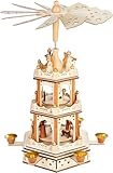 BRUBAKER Weihnachtspyramide - 3-stöckige drehbare Holzpyramide - Weihnachtsdekoration mit 3 Etagen und Sternen Flügel aus Holz - 45 cm Höhe - handbemalte Figuren Weihnachten - Natur Braun