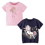 Codkkre Mädchen T-Shirt 2er Pack Baumwolle Tshirt Einhorn Kinder Kurzarm Rundhals Oberteil Sommer Kleidung für Kind 3-8 Jahre, Mädchen Rosa/Einhorn Dunkelblau, 122