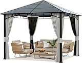 Amopatio Gartenpavillon 3x3 m Wasserdicht Stabil Winterfest, Alu Pavillon mit Polycarbonat - Dach, Hardtop Pavillon mit Moskitonetz und Seitenteile für Garten, Terrassen (Grau)