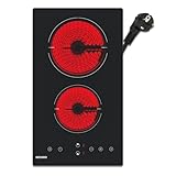 WEHIMO Glaskeramikkochfeld 2 platten, Domino Glaskeramikkochfeld, 29.5cm, 3000W, 2 Kochzonen (1800W+1200W), 9 Heizstufen, Berührungssteuerung, Kindersicherung, 1-99min Timer, Geeignet für Alle Töpfe