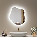 EMKE Badspiegel mit Beleuchtung 50 x 45 cm Asymmetrischer Spiegel mit Touch, 3 Lichtfarben Dimmbar, Beschlagfrei, Badezimmerspiegel mit Beleuchtung IP44 Energiesparend LED Badspiegel