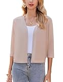 Zeagoo Damen Bolero Elegant Strickjacke Kurz 3/4 Ärmel Bolerojacke Festlich Schulterjacke Open Front Kurze Jacke zum Kleid Beige S