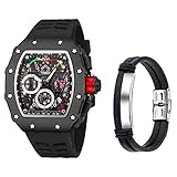 Herren Quarzuhr Mode Punk Skelett Chronograph Tonneau Sport Uhren und Leder Armband Set für Herren, Schwarz 3, Sportlich