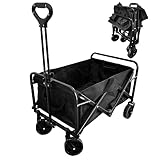 PRIJESSE Bollerwagen Faltbar, bis 150 kg Tragkraft Transportwagen, Gartenanhänger, Draussen Camping Einkaufen Handwagen, inklusive 2 Netztaschen, ohne Dach, Schwarz/Black
