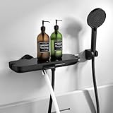 HOMELODY Badewannenarmatur schwarz mit Handbrause, 360° drehbarer Auslauf, Badewannenarmaturen mit Duschbrause, Glasablage, 1,5 m PVC Schlauch, Mischbatterie zur Wandmontage