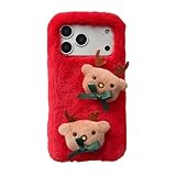 CaseGame Niedliche Hülle, kompatibel mit iPhone 15, weich, warm, Cartoon, flauschig, Plüsch, 3D-Stereo, Hirsch, Winter, stoßfest, kompatibel mit iPhone 15, für Damen