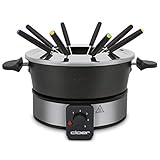 Cloer 6679 Fondue für 8 Personen, beschichteter Aluminiumtopf, inklusive Spritzschutz, 8 farbig markierte Gabeln 1,5 Liter, 1000 W, silber, schwarz